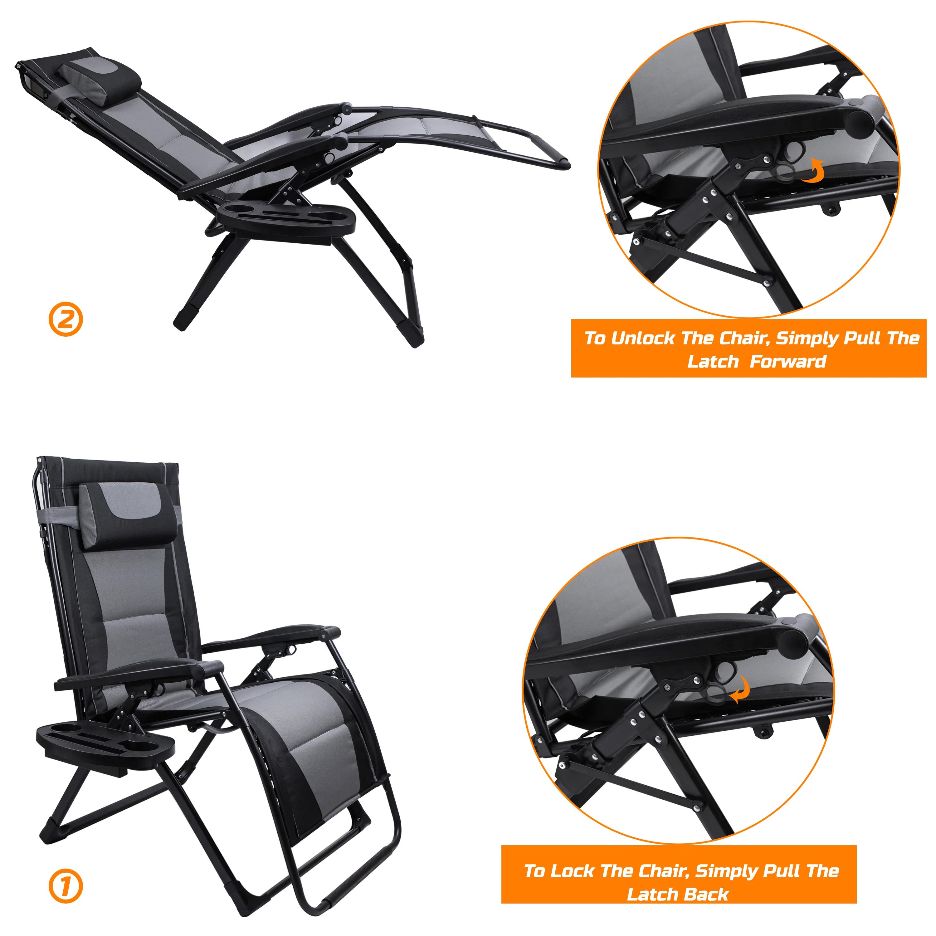 Oversize Recliner Folding Chair for Camping Patio Outdoors Zero Gravity XXLarge Extra Wide Reclining Padded Seats with Sunshade and Cup Holder Tray [Heavy Duty] - Image 13