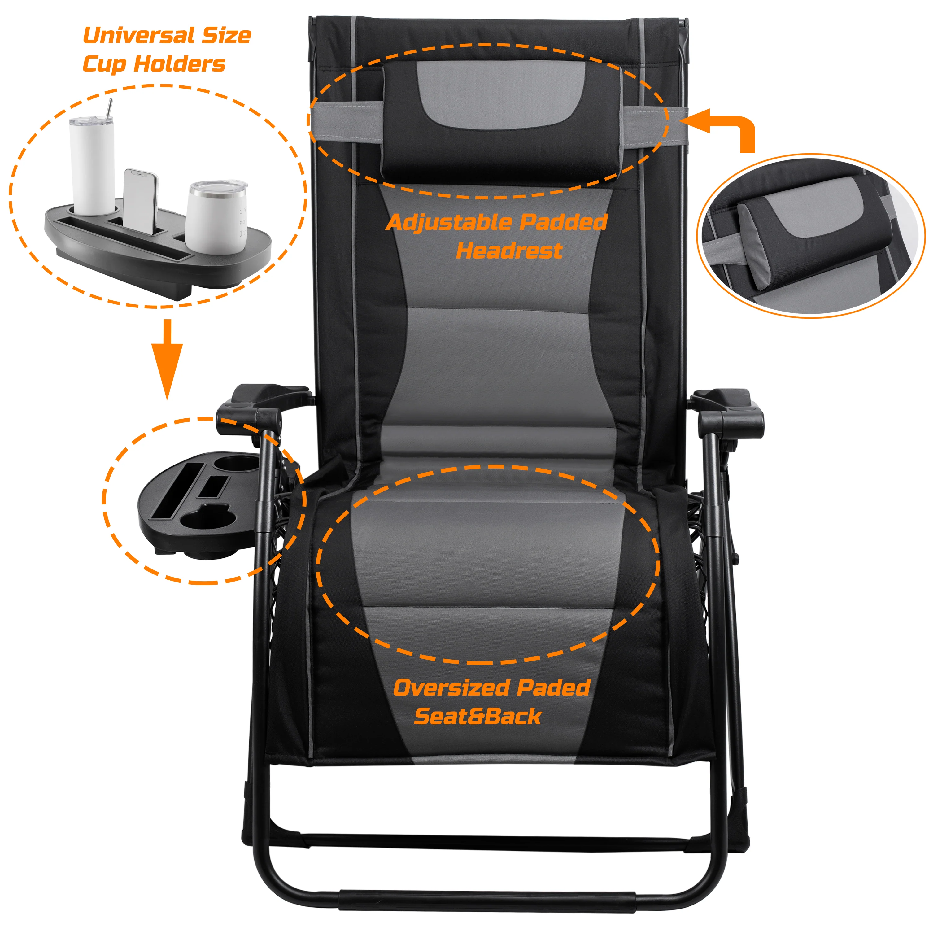 Oversize Recliner Folding Chair for Camping Patio Outdoors Zero Gravity XXLarge Extra Wide Reclining Padded Seats with Sunshade and Cup Holder Tray [Heavy Duty] - Image 16