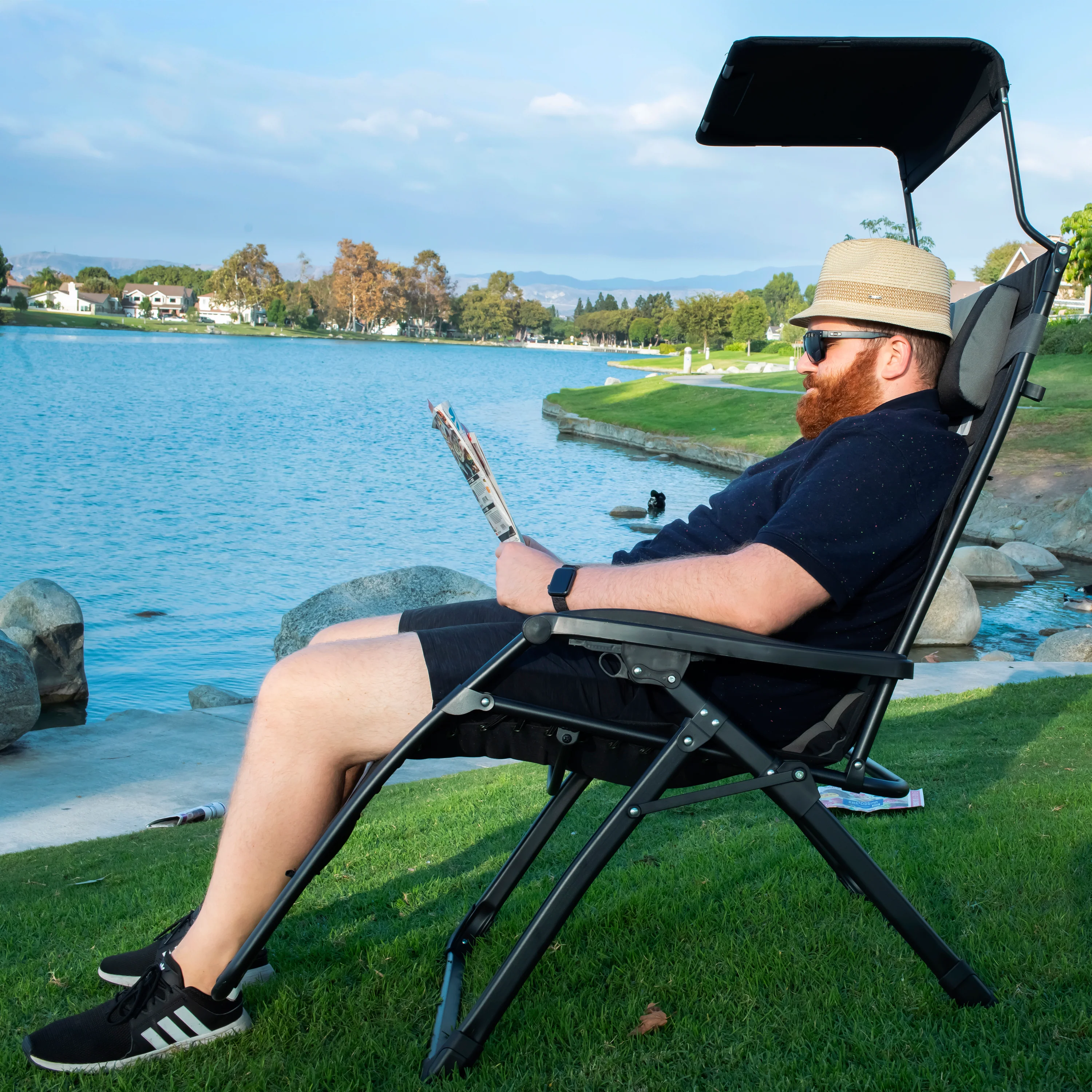 Oversize Recliner Folding Chair for Camping Patio Outdoors Zero Gravity XXLarge Extra Wide Reclining Padded Seats with Sunshade and Cup Holder Tray [Heavy Duty] - Image 3